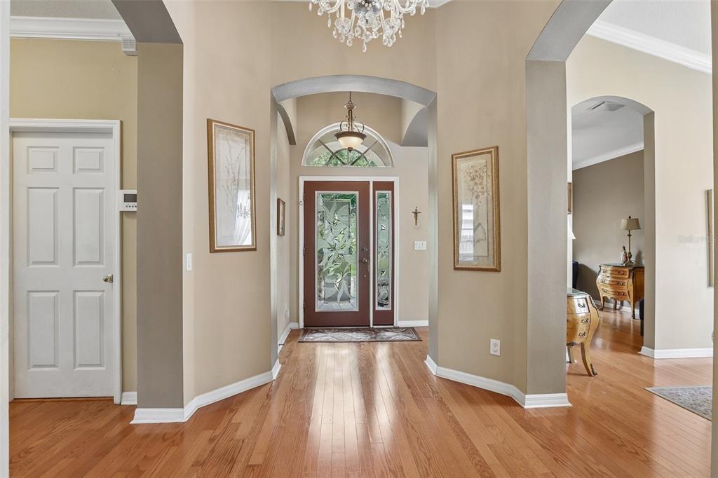 A foyer with hardwood floors, a chandelier, and an arched entryway leading to the front door — 4761 WHISPERING WIND AVENUE, TAMPA, FL