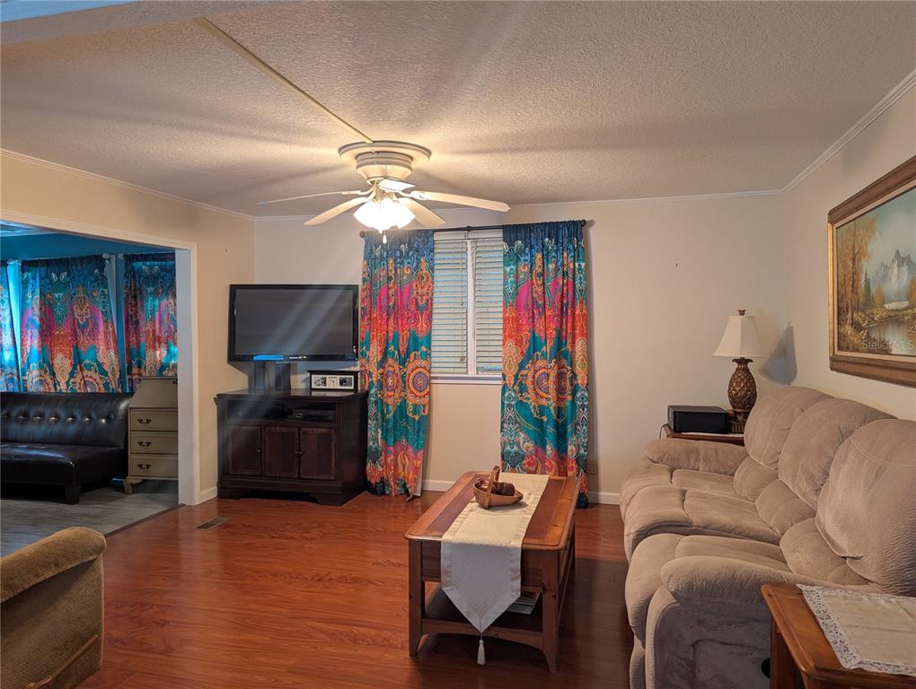 A living room features wood flooring, a ceiling fan, a television, and a beige sofa — 526 CASSANDRA LANE, LAKELAND, FL