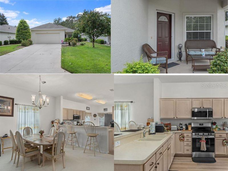 This collage shows a house exterior, a front porch, a dining area, and a kitchen — 6531 W CANNONDALE DRIVE, CRYSTAL RIVER, FL