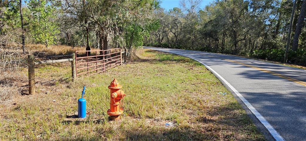 A fire hydrant and a blue utility marker stand beside a rural road and gate — 6336 TIMBERLANE ROAD, LAKE WALES, FL