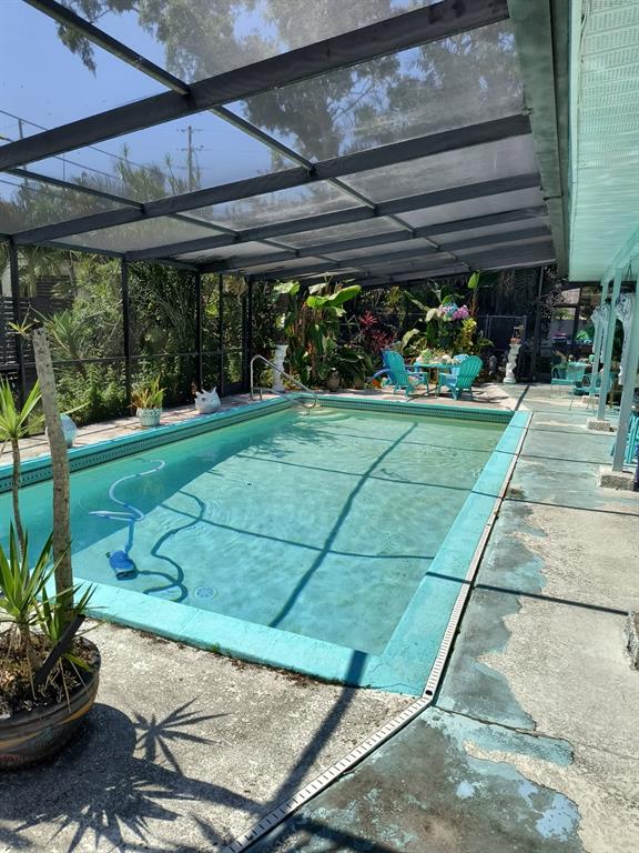 A screened-in swimming pool with a concrete deck and outdoor seating area — 790 OAKWOOD DRIVE, DUNEDIN, FL