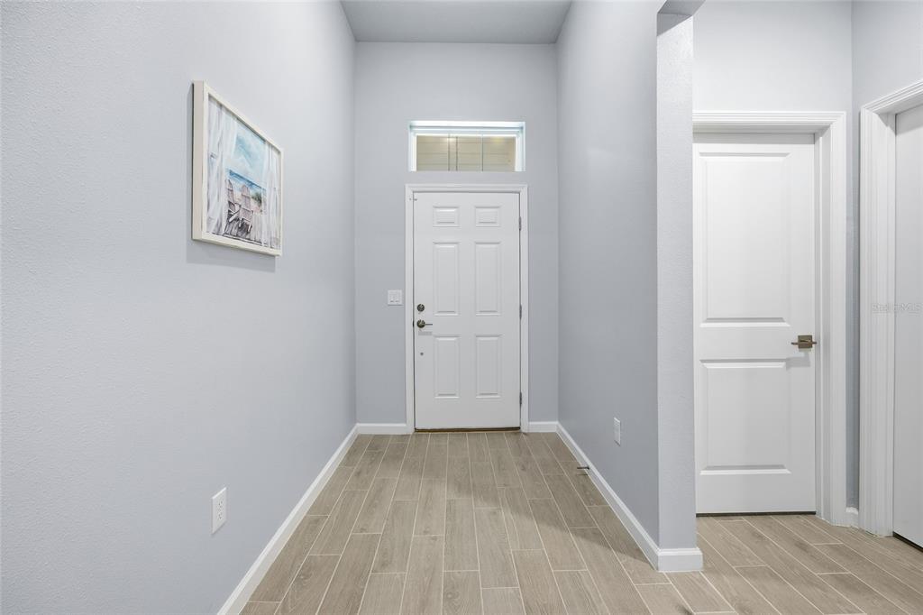 An entryway with light gray walls, wood-look tile flooring, and a white front door — 7834 SW 194TH COURT, DUNNELLON, FL