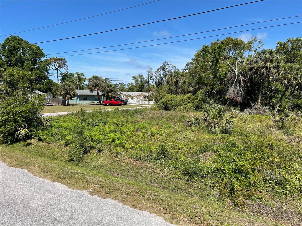 A vacant, overgrown lot sits beside a paved road with houses and trees in the background — PURDY STREET, ENGLEWOOD, FL