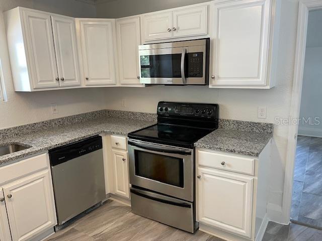 A kitchen features white cabinets, stainless steel appliances, and speckled granite countertops — 221 W EMILY STREET, TAMPA, FL