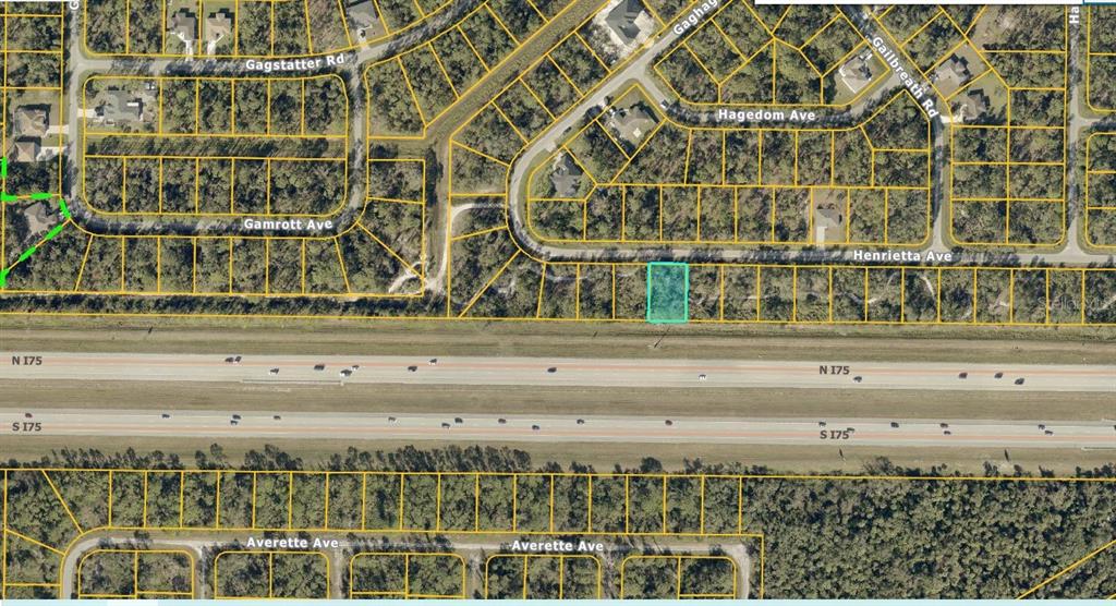 An aerial map view shows a highlighted rectangular lot located next to a major highway — HENRIETTA AVENUE, NORTH PORT, FL