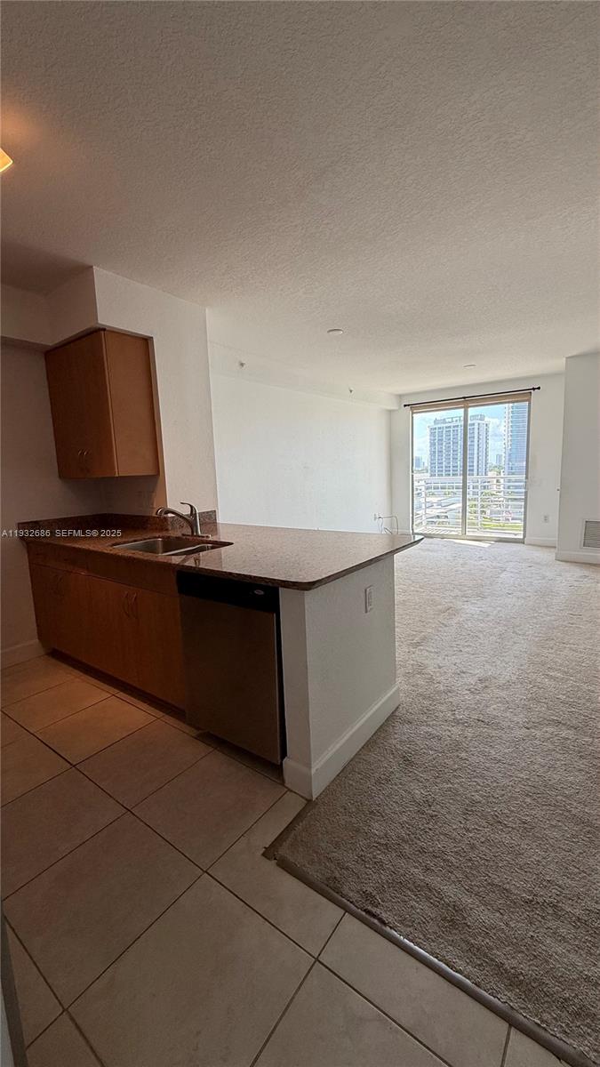 A kitchen with granite countertops and a dishwasher opens into a carpeted living area — 1830 Radius Dr # 915, Hollywood FL 33020, HOLLYWOOD, FL