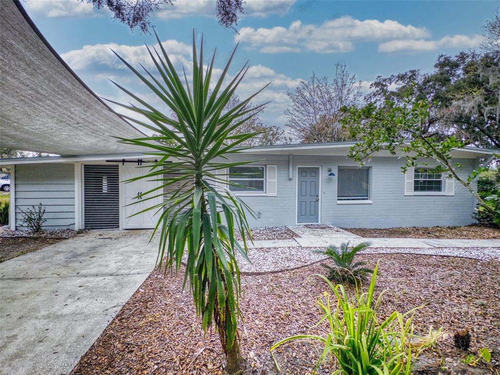 A single-story gray house with a white barn-style door and a large spiky plant — 104 FRAN DRIVE, NEW SMYRNA BEACH, FL