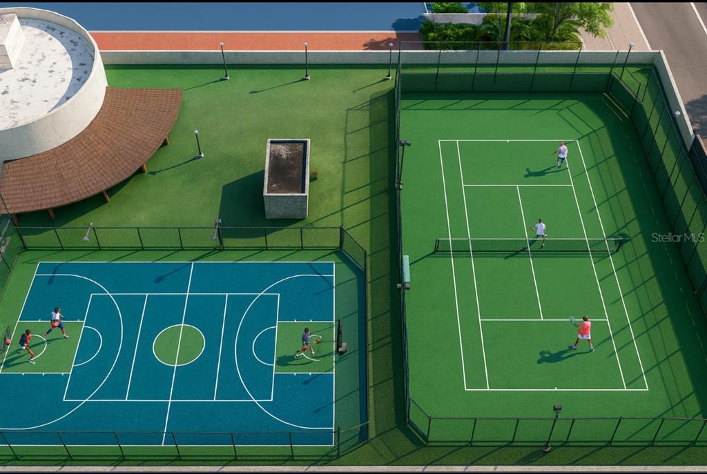 This is a rendering of an outdoor recreational area featuring a basketball court and tennis court — 100 DEL MUELLE UNIT 1301, SAN JUAN, PR
