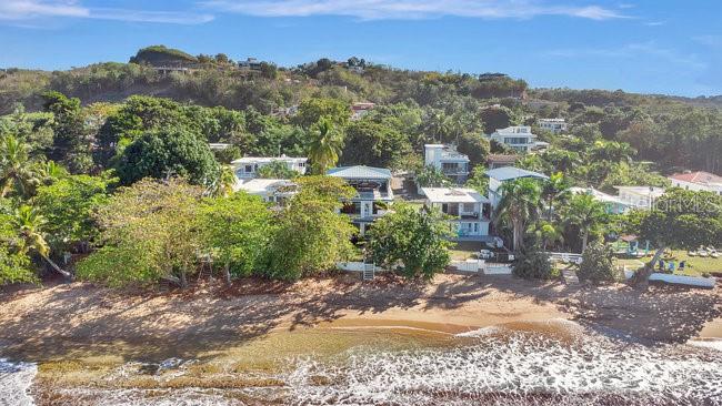 An aerial view shows several houses nestled among lush trees along a sandy beach — 40 CALLE SURF BO ENSENADA, RINCON, PR