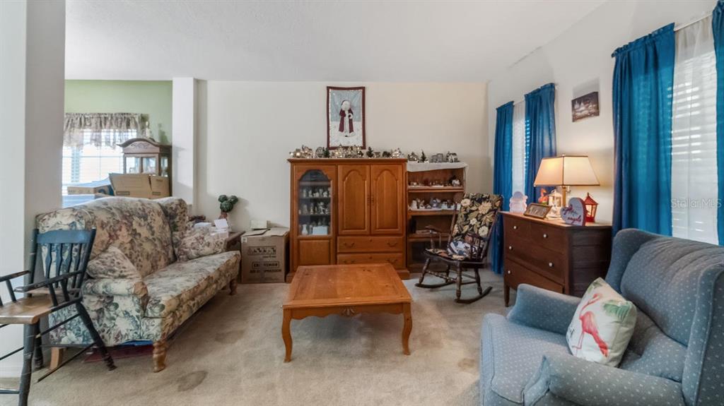 A living room features a floral sofa, a blue armchair, a wooden cabinet, and carpet — 219 BELLA WAY, GROVELAND, FL