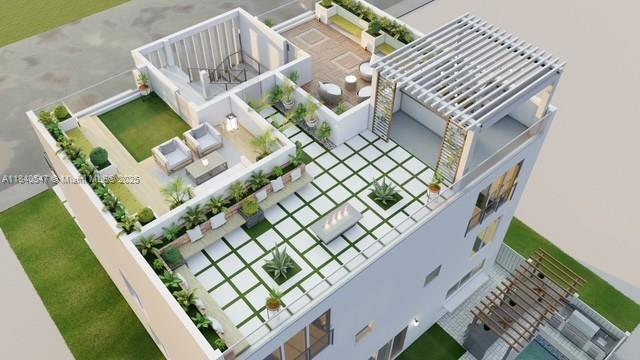 This architectural rendering shows a modern rooftop terrace with a pergola, seating areas, and landscaping — 2131 SW 4th St, Miami FL 33135, MIAMI, FL
