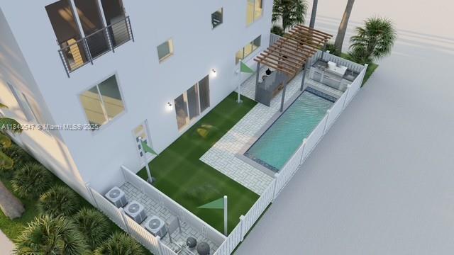 This rendering shows a modern house exterior with a backyard pool, patio, and pergola — 2131 SW 4th St, Miami FL 33135, MIAMI, FL
