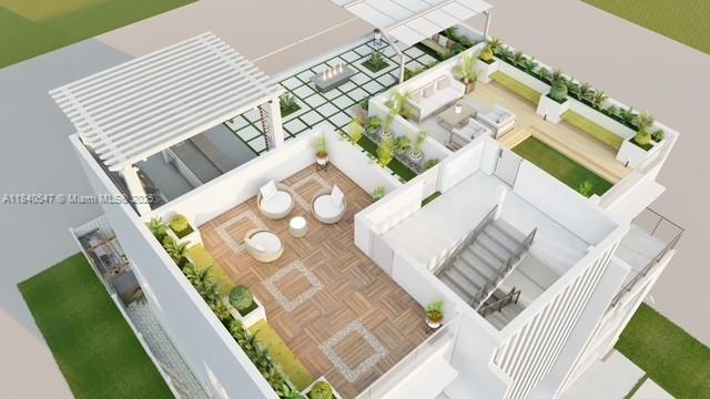 This is a 3D architectural rendering of a modern rooftop terrace with seating and landscaping — 2131 SW 4th St, Miami FL 33135, MIAMI, FL