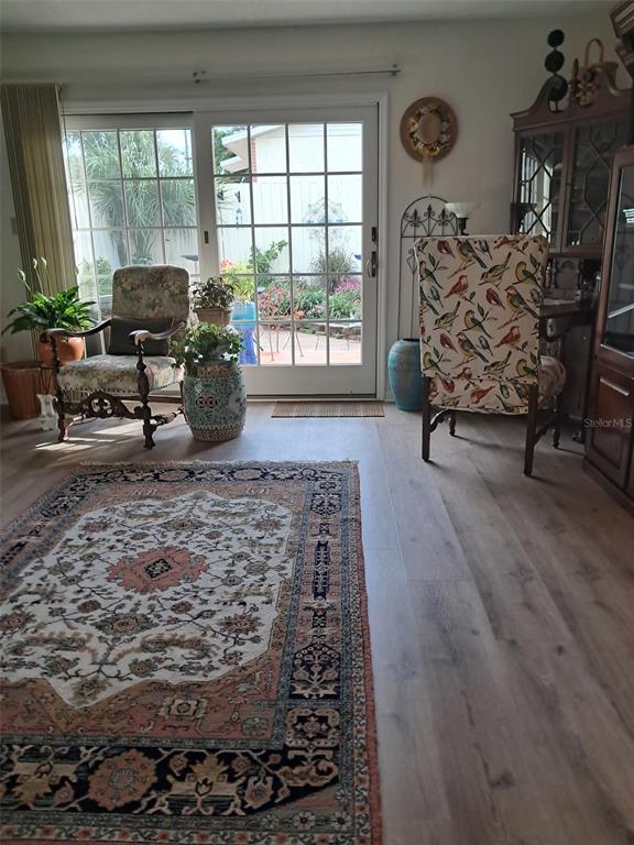 A living room features light wood flooring, a patterned area rug, and glass sliding doors — 1922 S RIVERSIDE DRIVE, EDGEWATER, FL