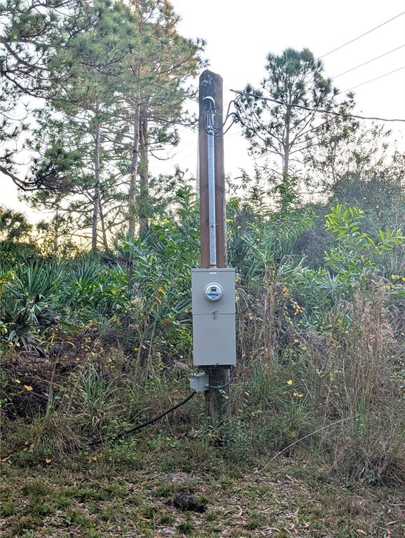 An electrical meter and service panel are mounted on a wooden utility pole outdoors — 8590 130TH AVENUE, FELLSMERE, FL