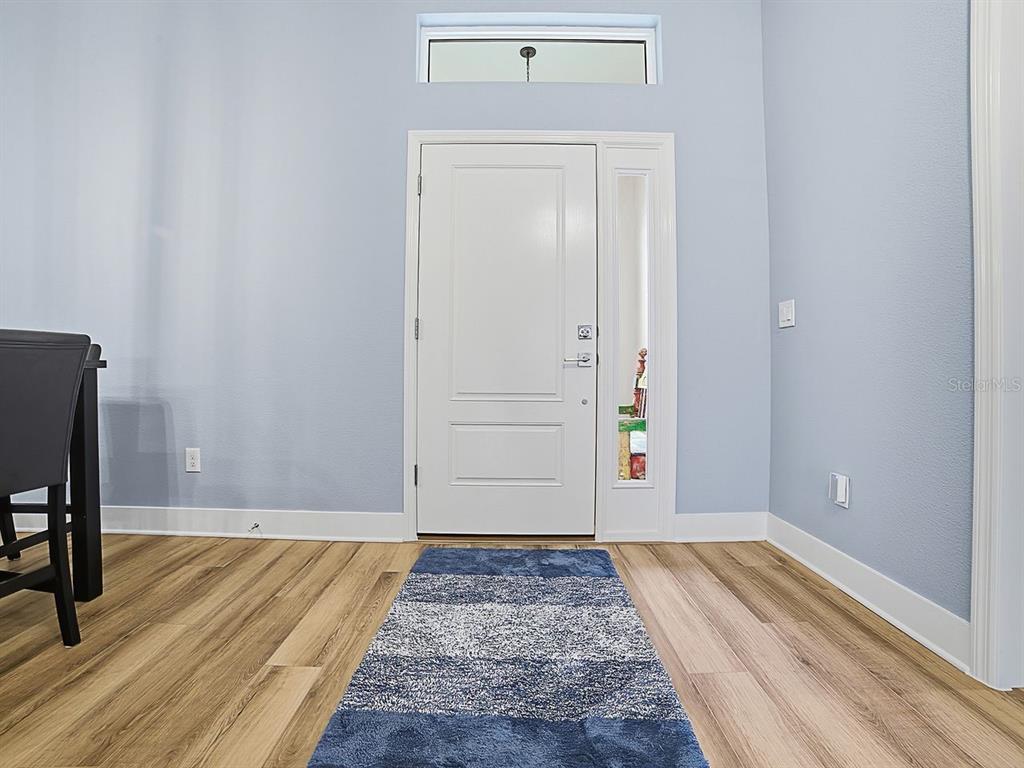 A light blue entryway features a white front door, wood-look flooring, and a blue rug — 4258 WIDMANN PLACE, THE VILLAGES, FL