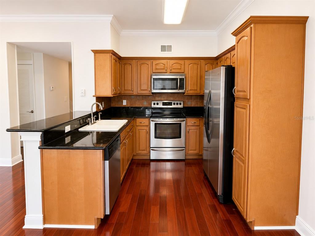 A kitchen with wood cabinets, black countertops, stainless steel appliances, and dark hardwood flooring — 426 WATER STREET, CELEBRATION, FL