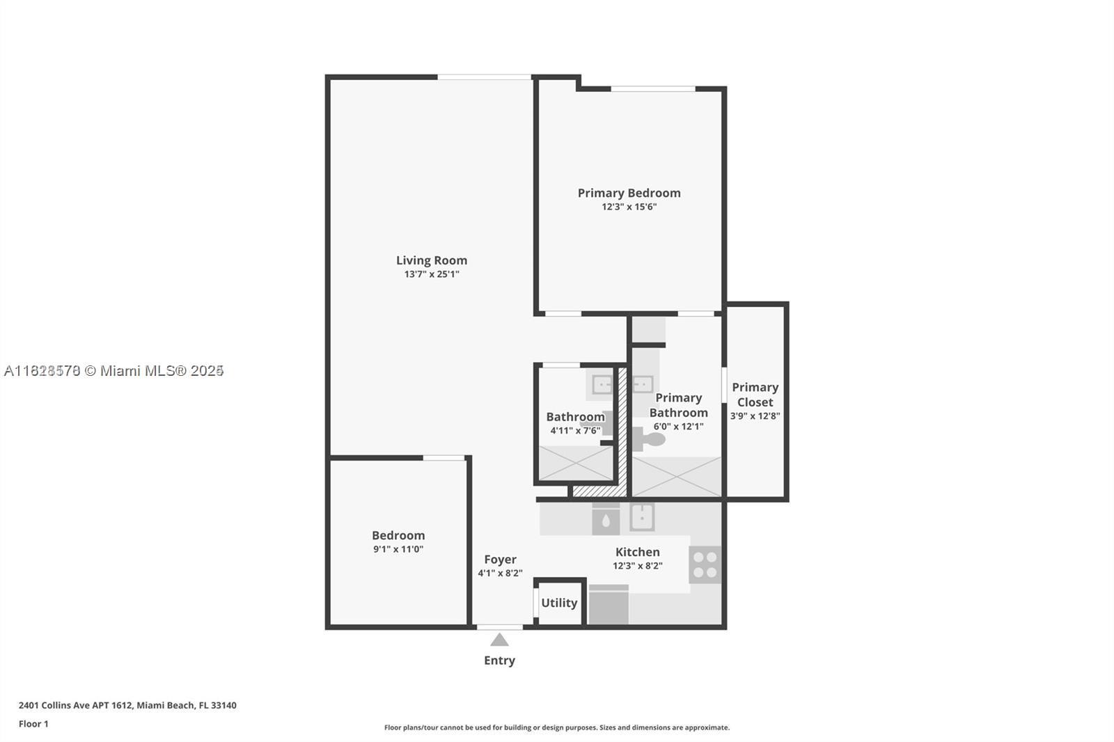 This is a floor plan for a one-bedroom apartment with a living room and kitchen — 2401 Collins Ave # 1011, Miami Beach FL 33140, MIAMI BEACH, FL