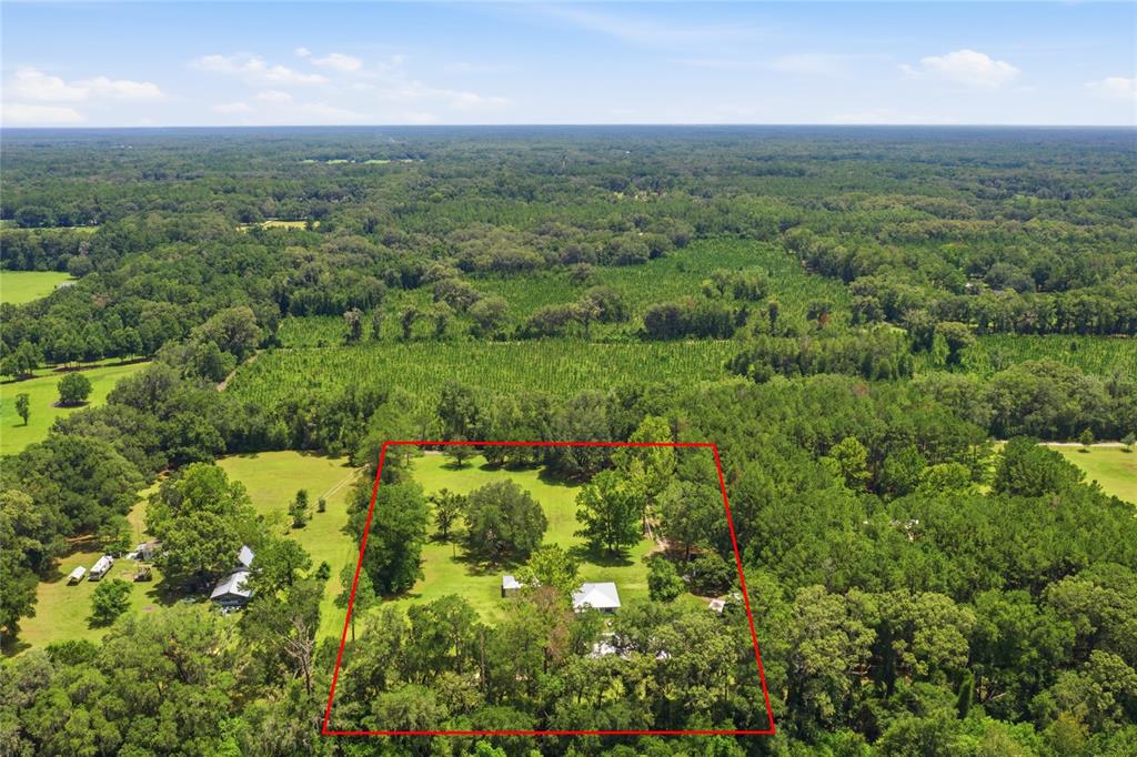 An aerial view shows a house and outbuildings on a wooded lot outlined in red — 16310 NW 40TH PLACE, NEWBERRY, FL