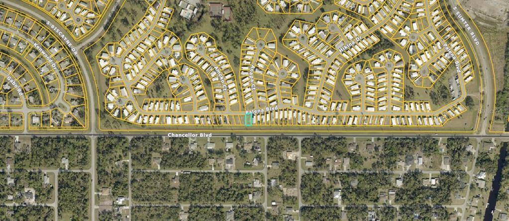 This is an aerial map showing a residential neighborhood with a highlighted property lot — 5100 PALENA BOULEVARD, NORTH PORT, FL