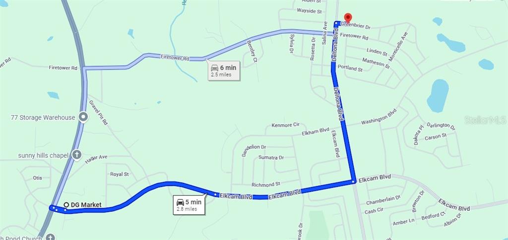 This is a map showing two driving routes between a DG Market and a destination — Lot 6 Unit 8 Blk 505 GREENBRIER DRIVE, CHIPLEY, FL