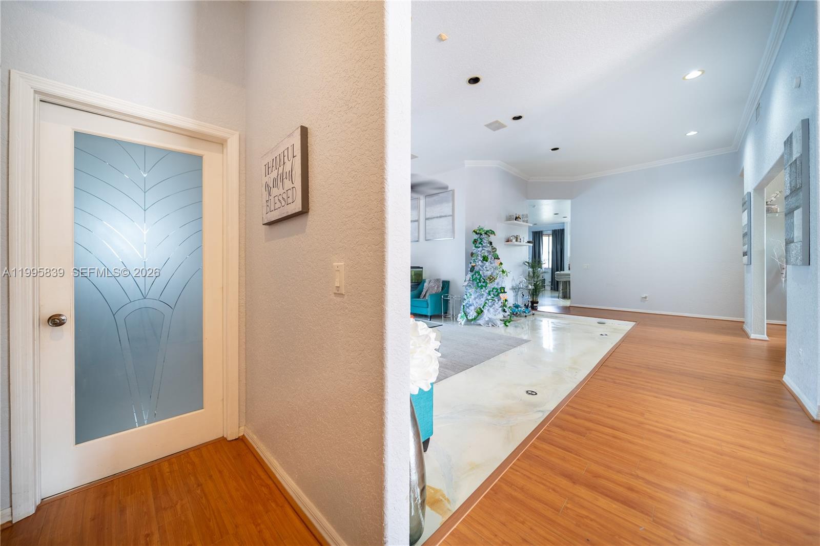 A hallway with a frosted glass door leads into a living area with mixed flooring — 5303 SW 111th Ter, Davie FL 33328, DAVIE, FL