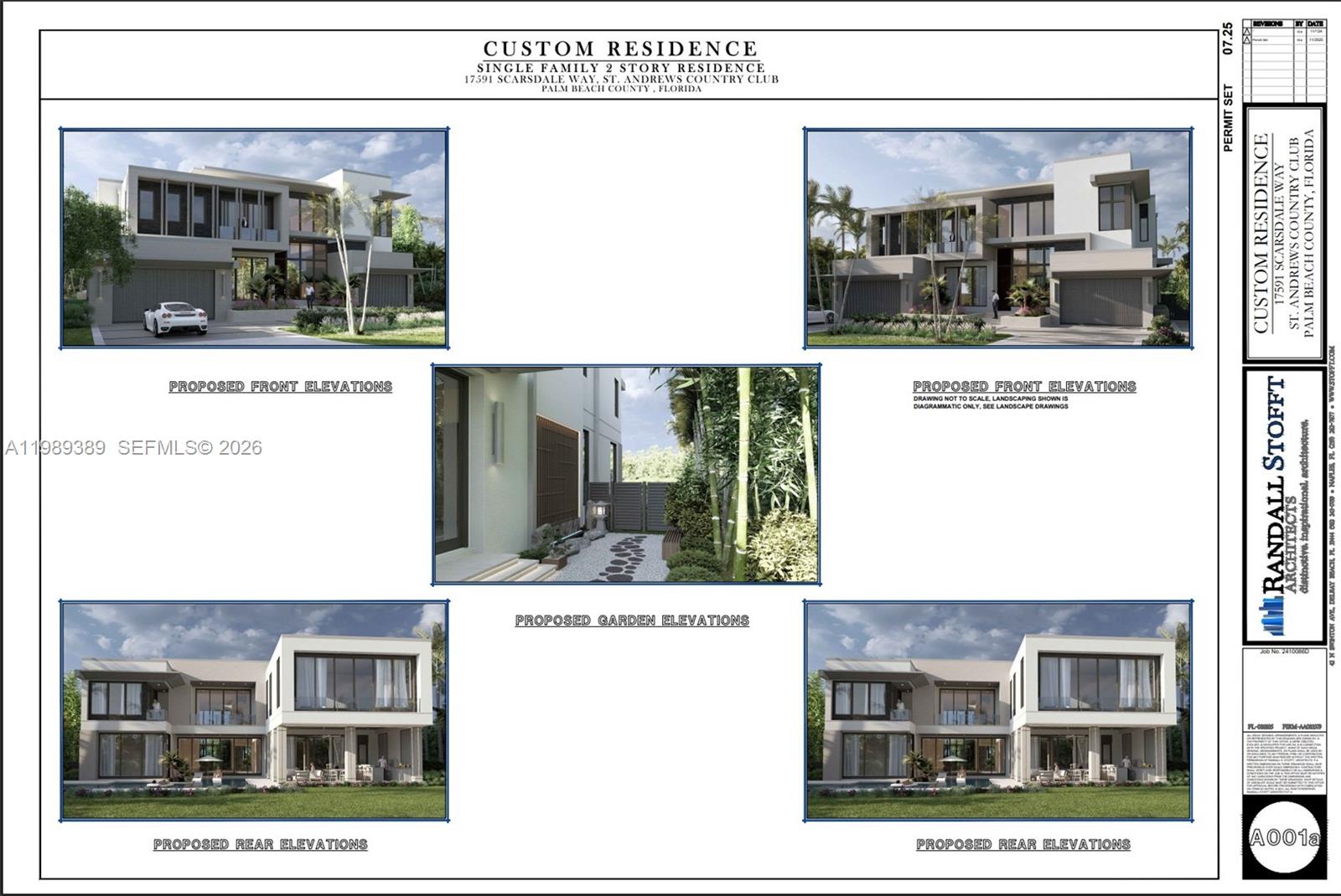 Architectural rendering showing the front, rear, and garden elevations of a modern two-story residence — 17591 Scarsdale Way, Boca Raton FL 33496, BOCA RATON, FL