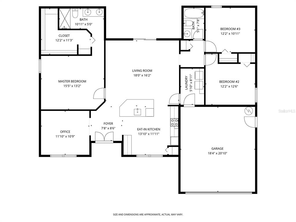 This is a floor plan showing a house layout with three bedrooms, a garage, and kitchen — 1204 RIDGE DRIVE, AVON PARK, FL