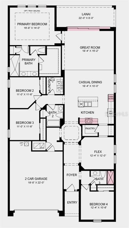 This is a floor plan for a single-story house featuring four bedrooms, three bathrooms, and a garage — 23 GEOSAM DRIVE, PALM COAST, FL