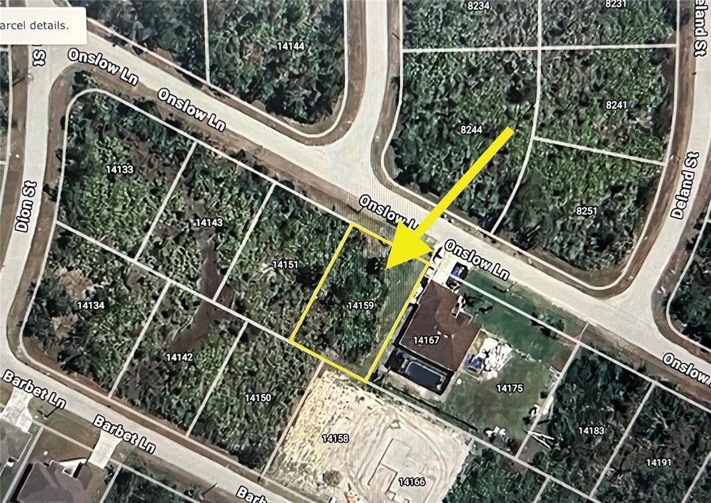 This is an aerial map showing a vacant residential lot highlighted in yellow on Onslow Lane — 14159 ONSLOW LANE, PORT CHARLOTTE, FL