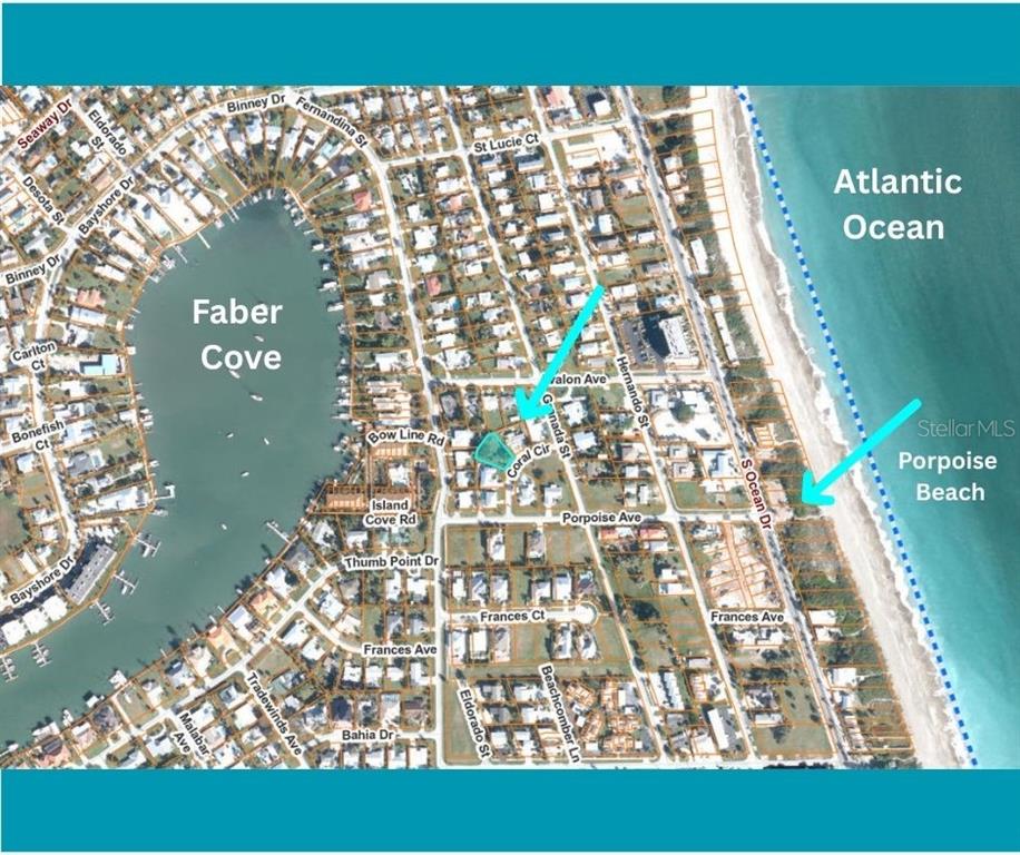 This map shows a residential neighborhood located between Faber Cove and the Atlantic Ocean — CORAL CIRCLE, HUTCHINSON ISLAND, FL