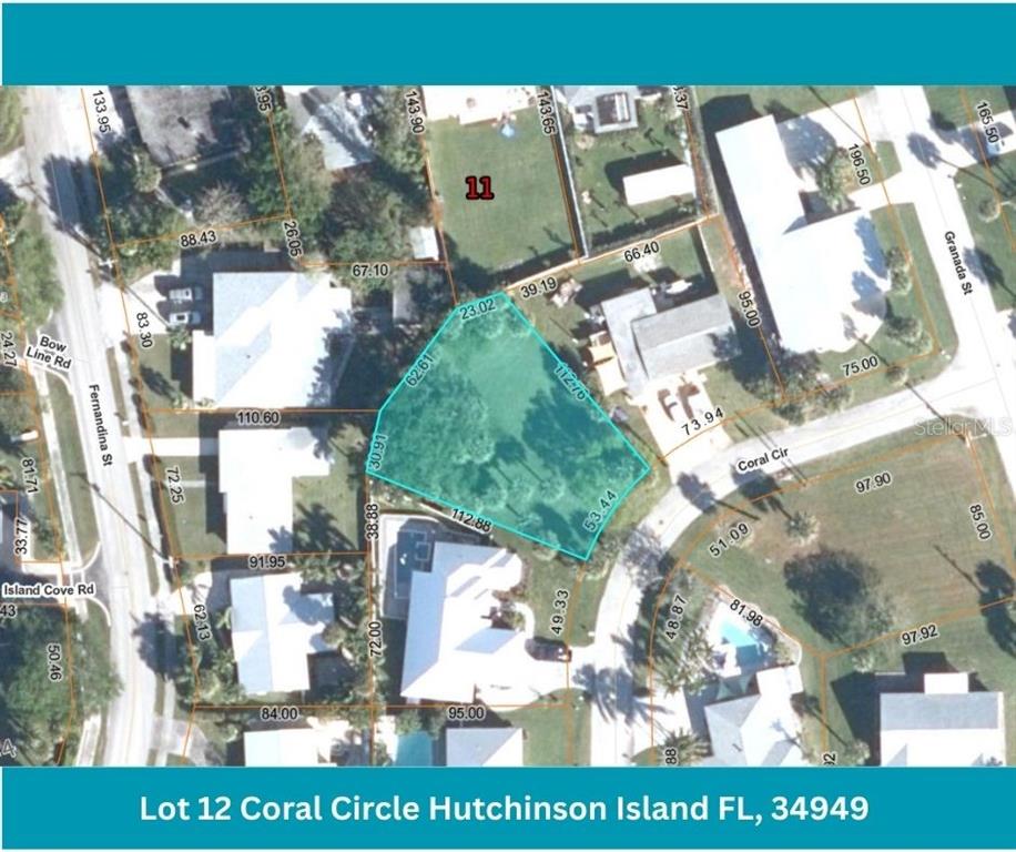 This is an aerial map showing the property boundaries of a vacant residential lot — CORAL CIRCLE, HUTCHINSON ISLAND, FL