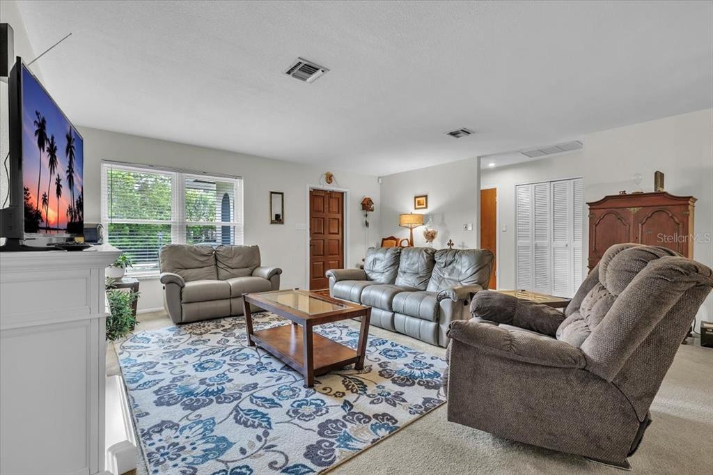 A living room features a patterned area rug, gray sofas, and a television — 4085 DRANCE STREET, PUNTA GORDA, FL