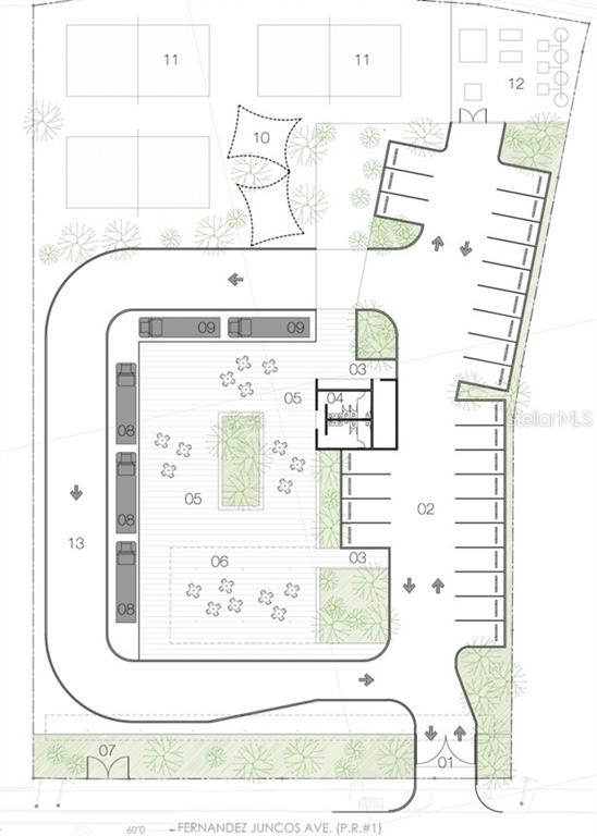 This is a site plan rendering showing a building footprint, parking areas, and outdoor amenities — 359 FERNANDEZ JUNCOS AVENUE, SAN JUAN, PR