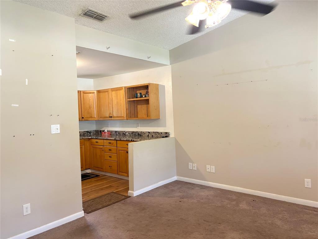 A carpeted living area opens into a kitchen featuring wooden cabinets and granite countertops — 333 RIVIERA DRIVE, CRESCENT CITY, FL