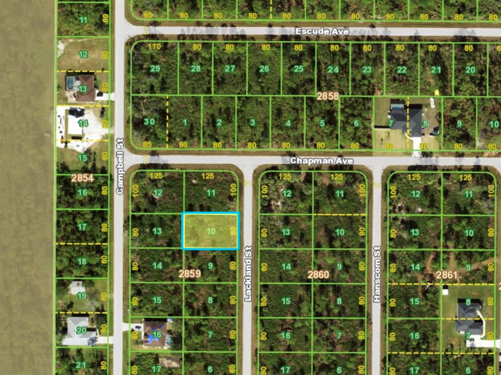 This is a land parcel map showing residential lots and street layouts — 411 LACKLAND STREET, PORT CHARLOTTE, FL