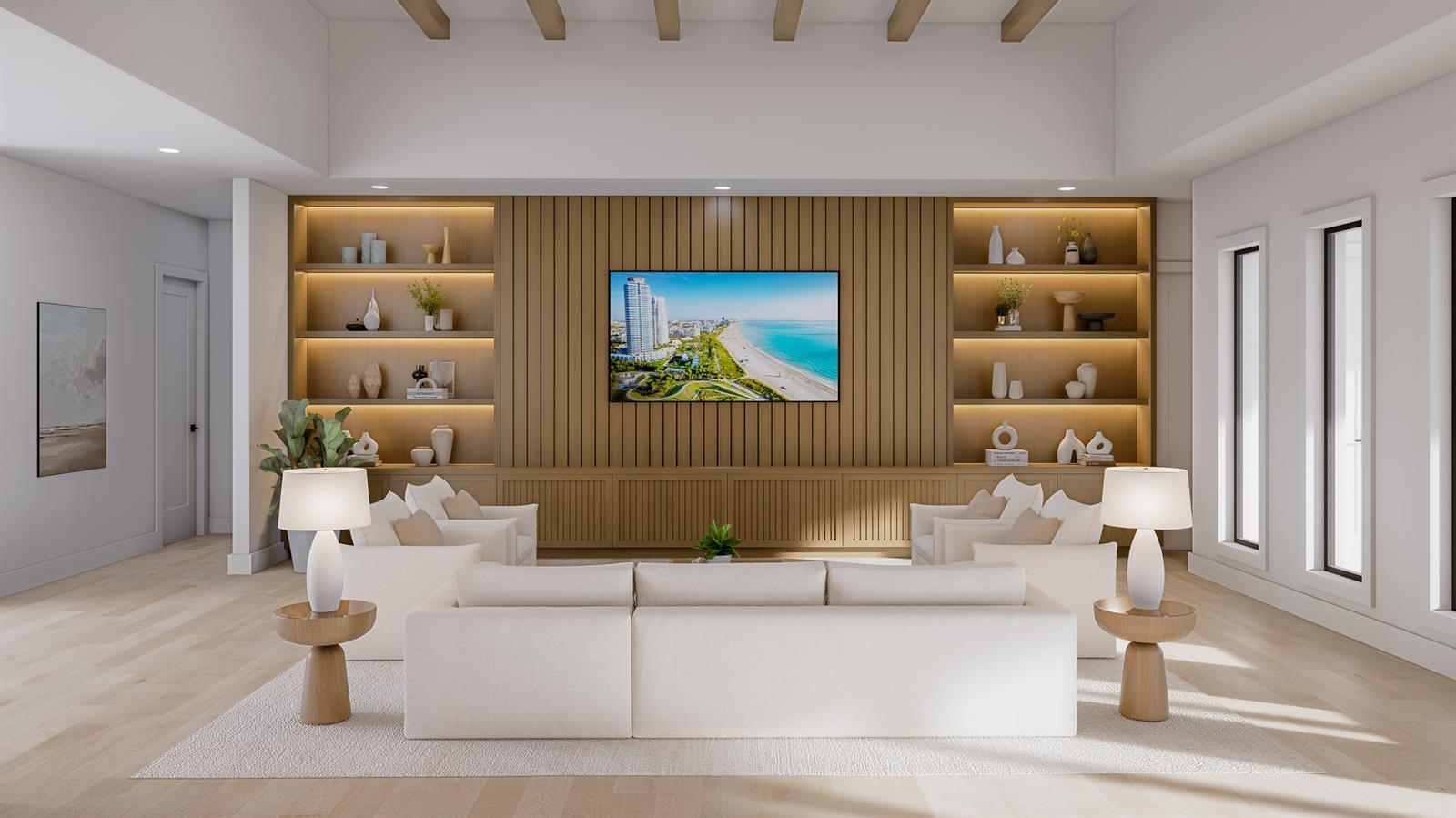 This rendering shows a living room with a slatted wood wall, built-in shelving, and furniture — 5720 NW 63rd Way, Parkland FL 33067, PARKLAND, FL