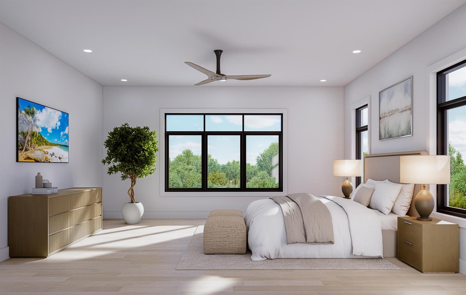 This rendering shows a modern bedroom with light wood floors, a bed, and large windows — 5720 NW 63rd Way, Parkland FL 33067, PARKLAND, FL