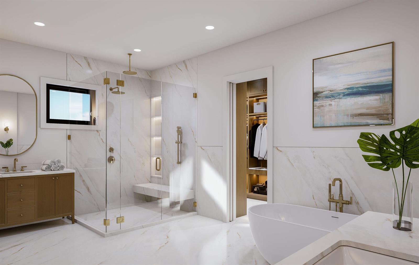This rendering shows a modern bathroom with marble walls, a glass shower, and a bathtub — 5720 NW 63rd Way, Parkland FL 33067, PARKLAND, FL