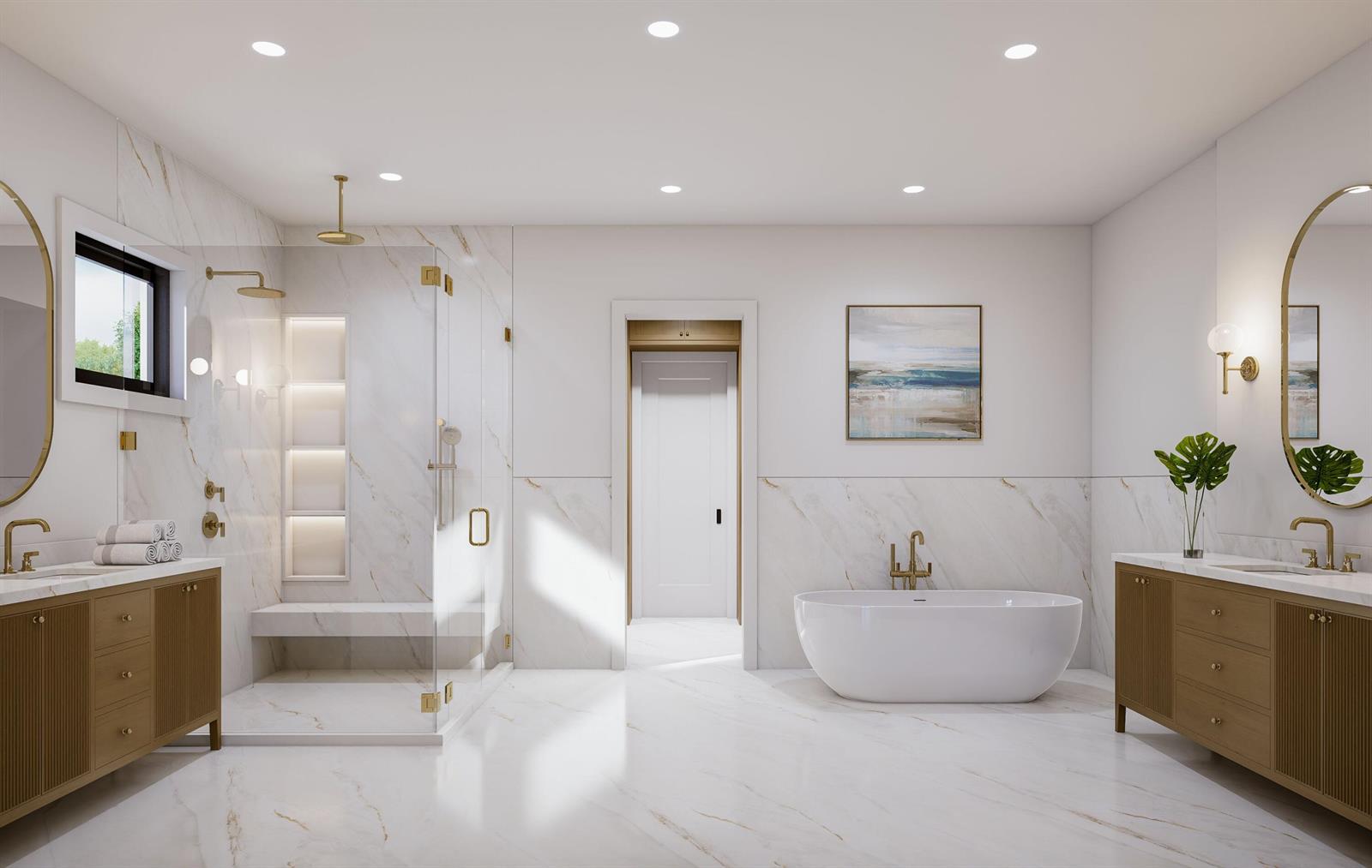 This rendering shows a modern bathroom with marble tile, gold fixtures, and two wooden vanities — 5720 NW 63rd Way, Parkland FL 33067, PARKLAND, FL