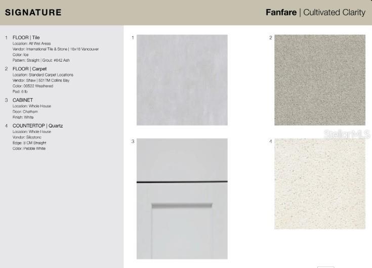 This design board displays material samples for flooring, cabinetry, and countertops in a home — 10616 ORBIT TERRACE, SARASOTA, FL