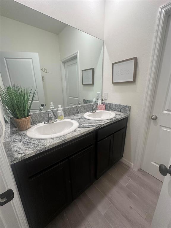 A bathroom features a double vanity with dark cabinets, granite countertops, and a large mirror — 1169 NW 133RD WAY, NEWBERRY, FL