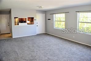 A carpeted living room features a pass-through window to the kitchen and two windows — 1000 S SEMORAN BOULEVARD UNIT 408, WINTER PARK, FL