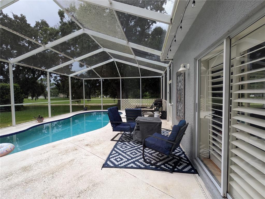 A screened-in pool patio features a seating area with a rug and a swimming pool — 16120 MUIRFIELD DRIVE, ODESSA, FL