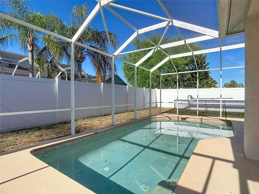 A swimming pool is enclosed by a screened lanai structure in a fenced backyard — 17354 LAWN ORCHID LOOP, LAND O LAKES, FL