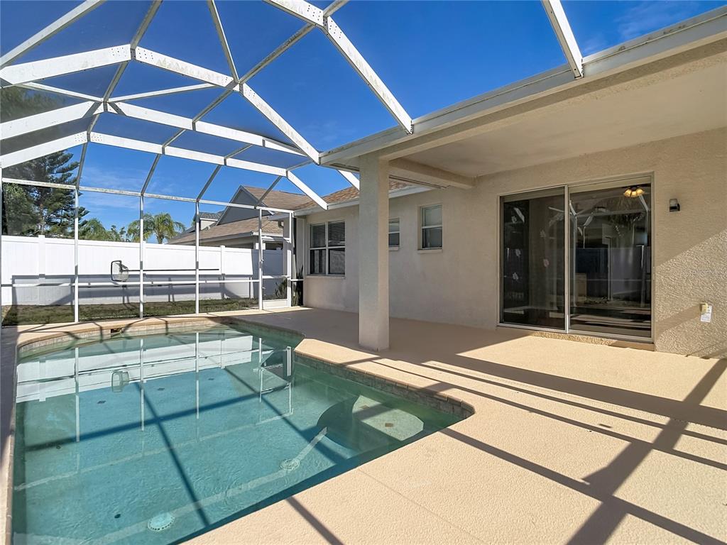 A swimming pool sits on a patio enclosed by a white metal screen structure — 17354 LAWN ORCHID LOOP, LAND O LAKES, FL