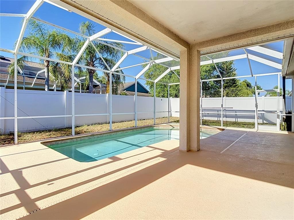 A screened-in patio features a rectangular swimming pool and a light-colored concrete deck — 17354 LAWN ORCHID LOOP, LAND O LAKES, FL