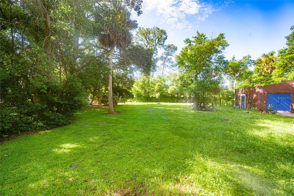 A large, grassy backyard features mature trees and a small shed with blue doors — VALENCIA STREET, SANFORD, FL