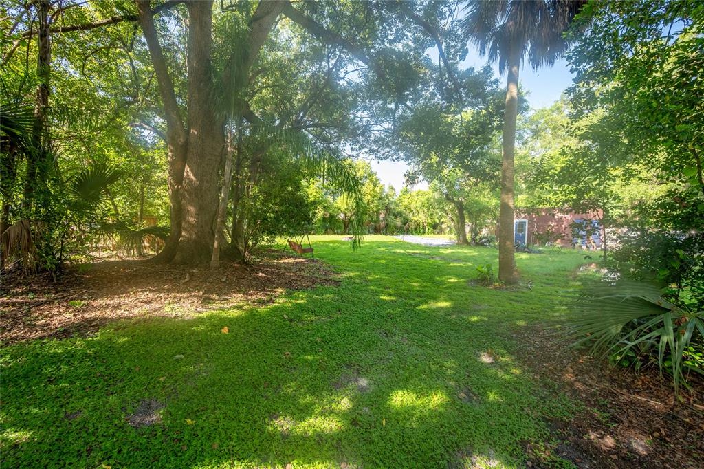 A large, grassy backyard features mature trees, a swing, and a small shed — VALENCIA STREET, SANFORD, FL