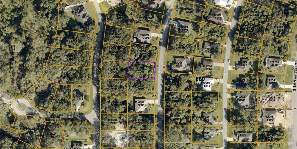 This is an aerial map showing residential property lot lines and street layouts — RADA LANE, NORTH PORT, FL